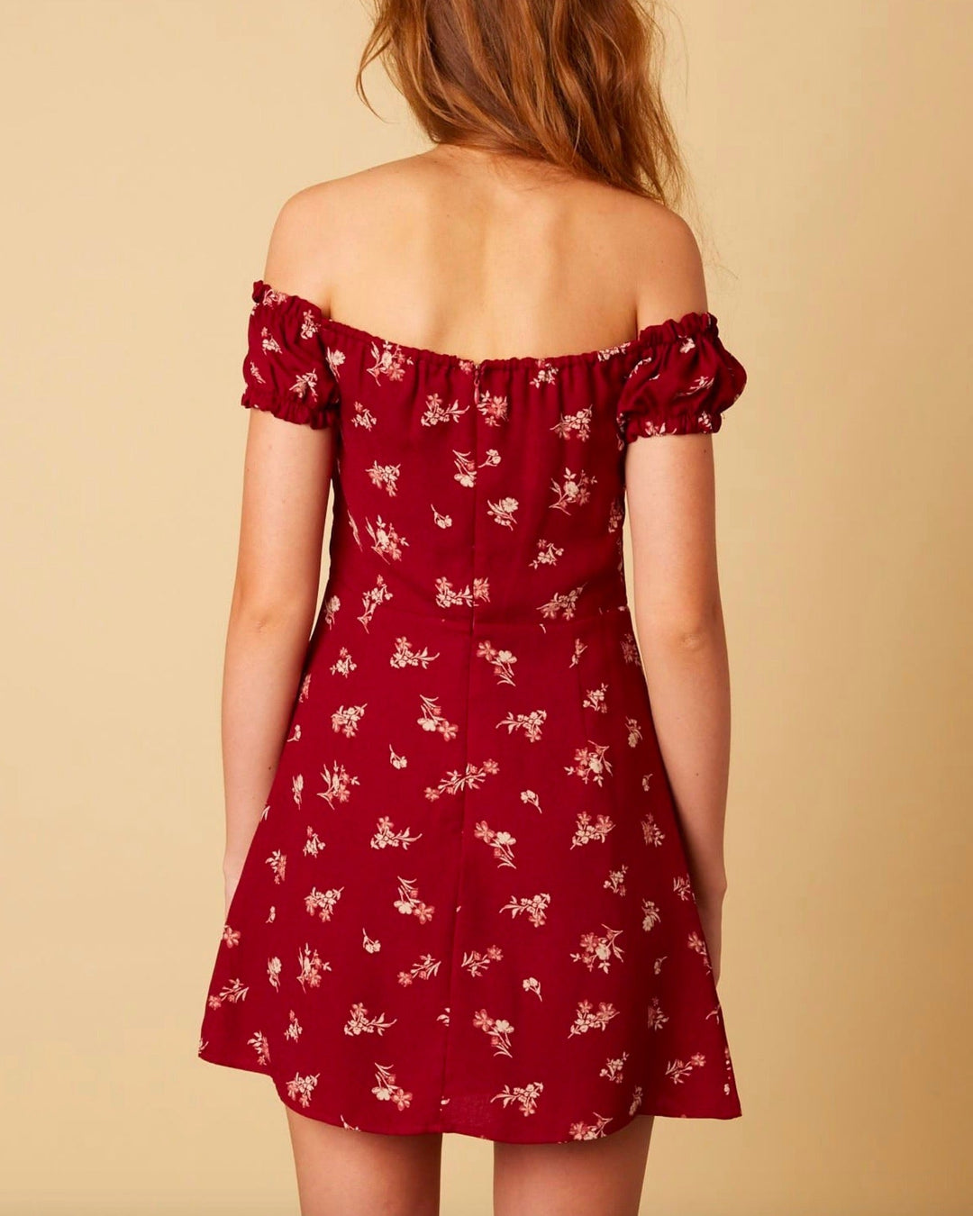 Off The Shoulder Sweetheart Front Tie Fit and Flare Mini Dress - Floral Burgundy