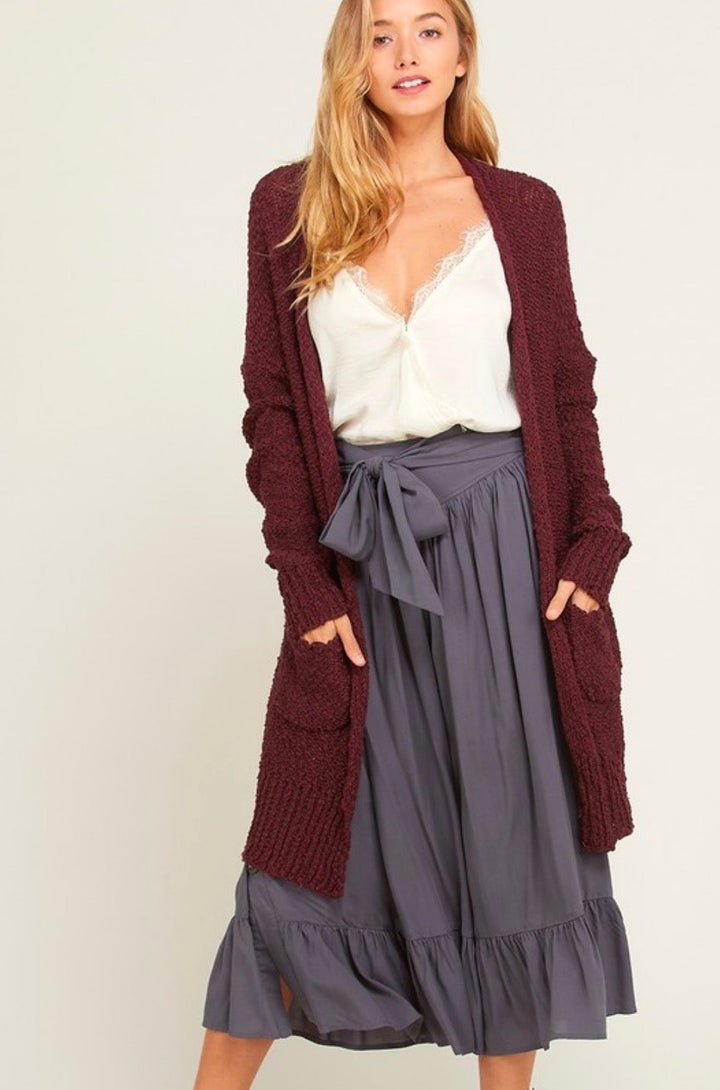 Open Front Longline Cardigan in Burgundy