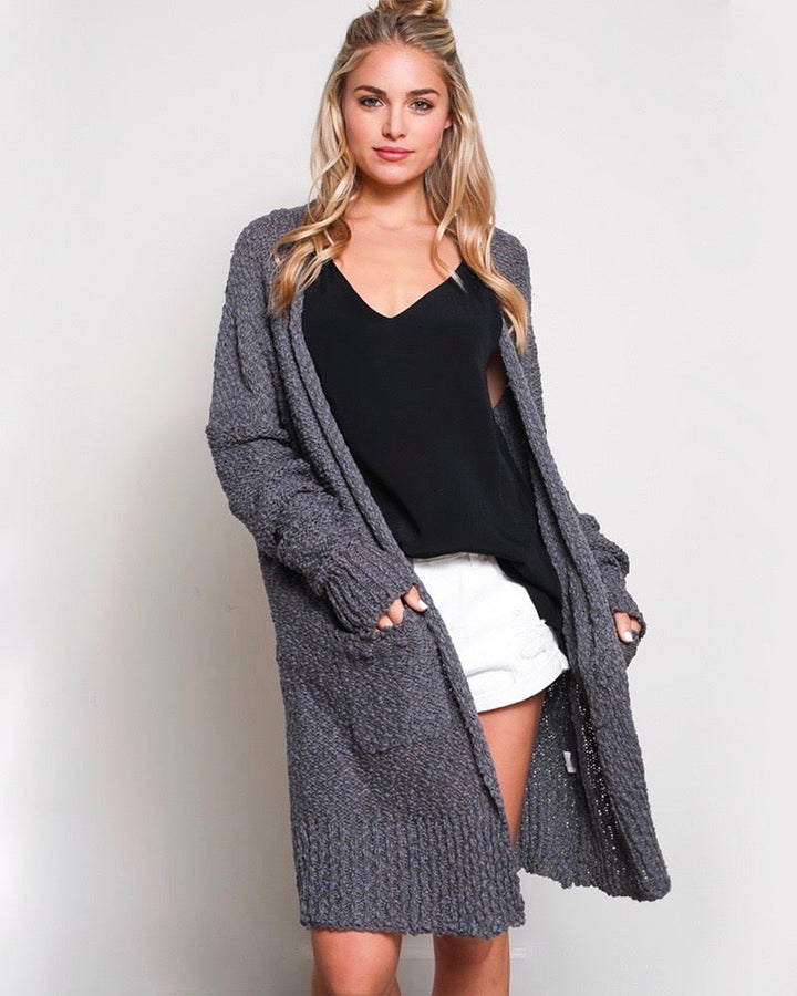 FINAL SALE - Open Front Longline Cardigan in Charcoal