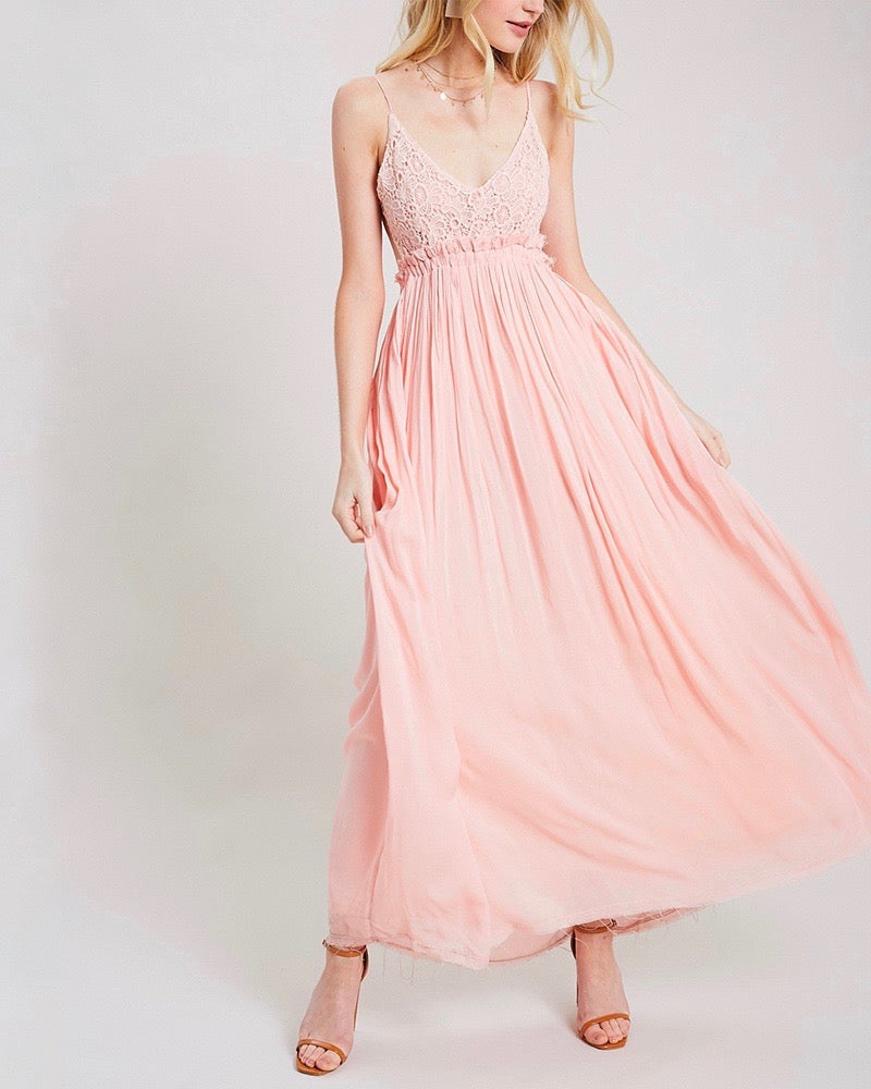 open back crochet maxi dress - baby pink