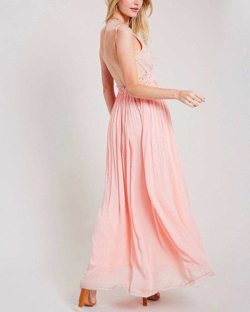 open back crochet maxi dress - baby pink