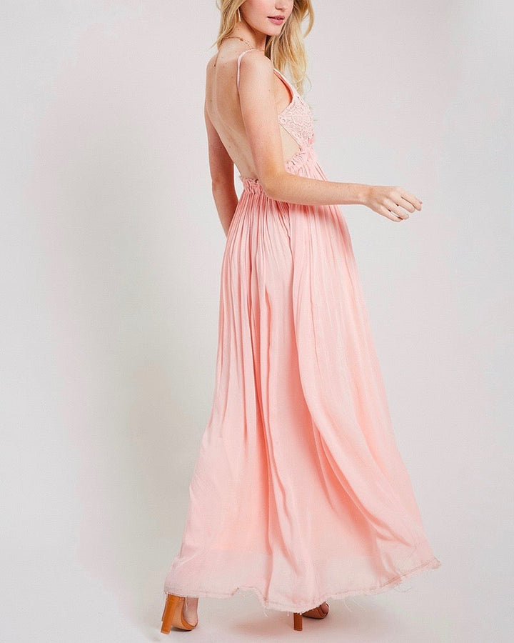 open back crochet maxi dress - baby pink