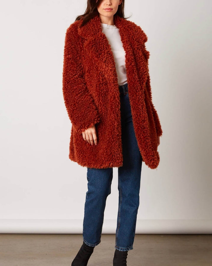 Cotton Candy LA - Open Collar Shaggy Faux Fur Jacket in Copper