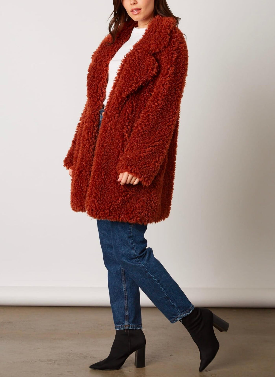 Cotton Candy LA - Open Collar Shaggy Faux Fur Jacket in Copper