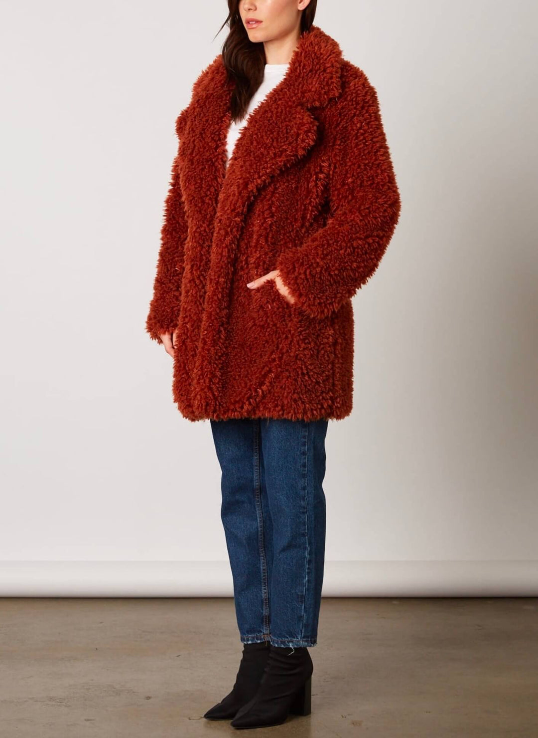 Cotton Candy LA - Open Collar Shaggy Faux Fur Jacket in Copper