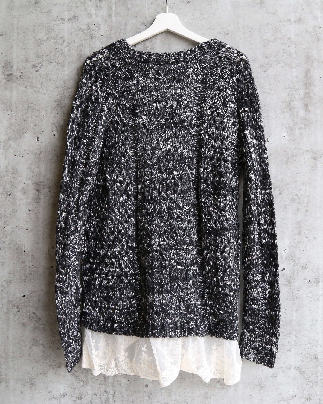 Open Knit Sweater with Lace Hem in Marle Charcoal