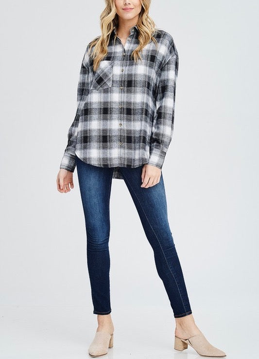 Slightly Oversized Buffalo Plaid Flannel Button Down in Black/Off White