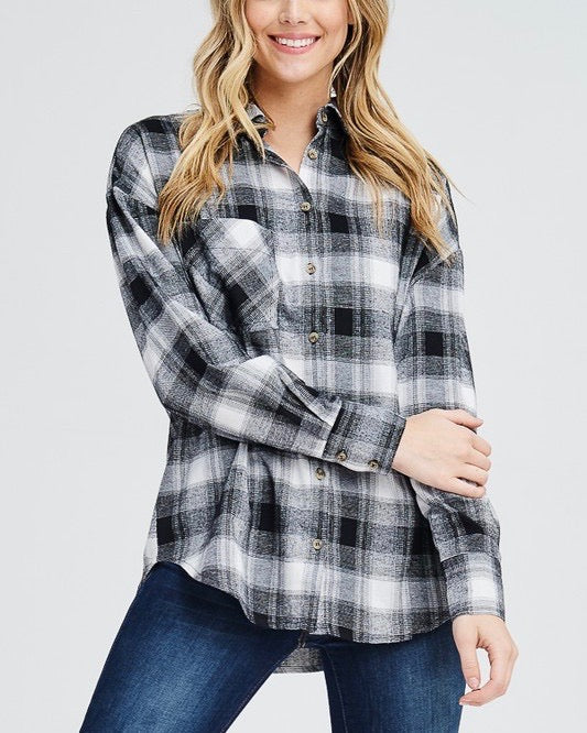 Slightly Oversized Buffalo Plaid Flannel Button Down in Black/Off White
