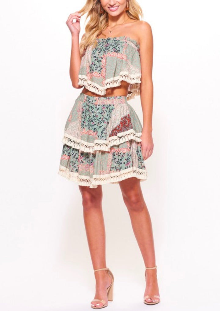 Paisley Printed Strapless Top Skirt Set with Tassel Trim in Olive
