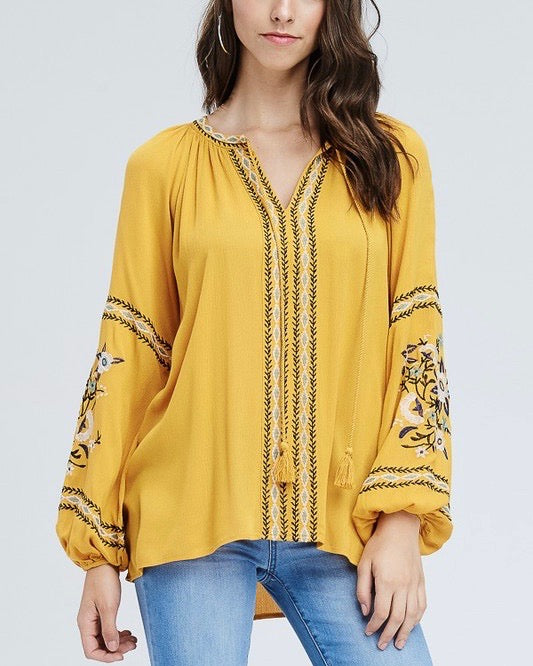 Peasant Blouse with Embroidered Detailing in Mustard