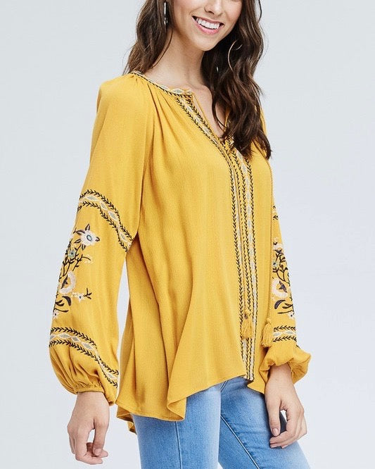 Peasant Blouse with Embroidered Detailing in Mustard