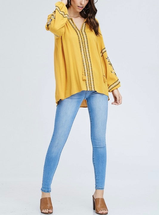 Peasant Blouse with Embroidered Detailing in Mustard