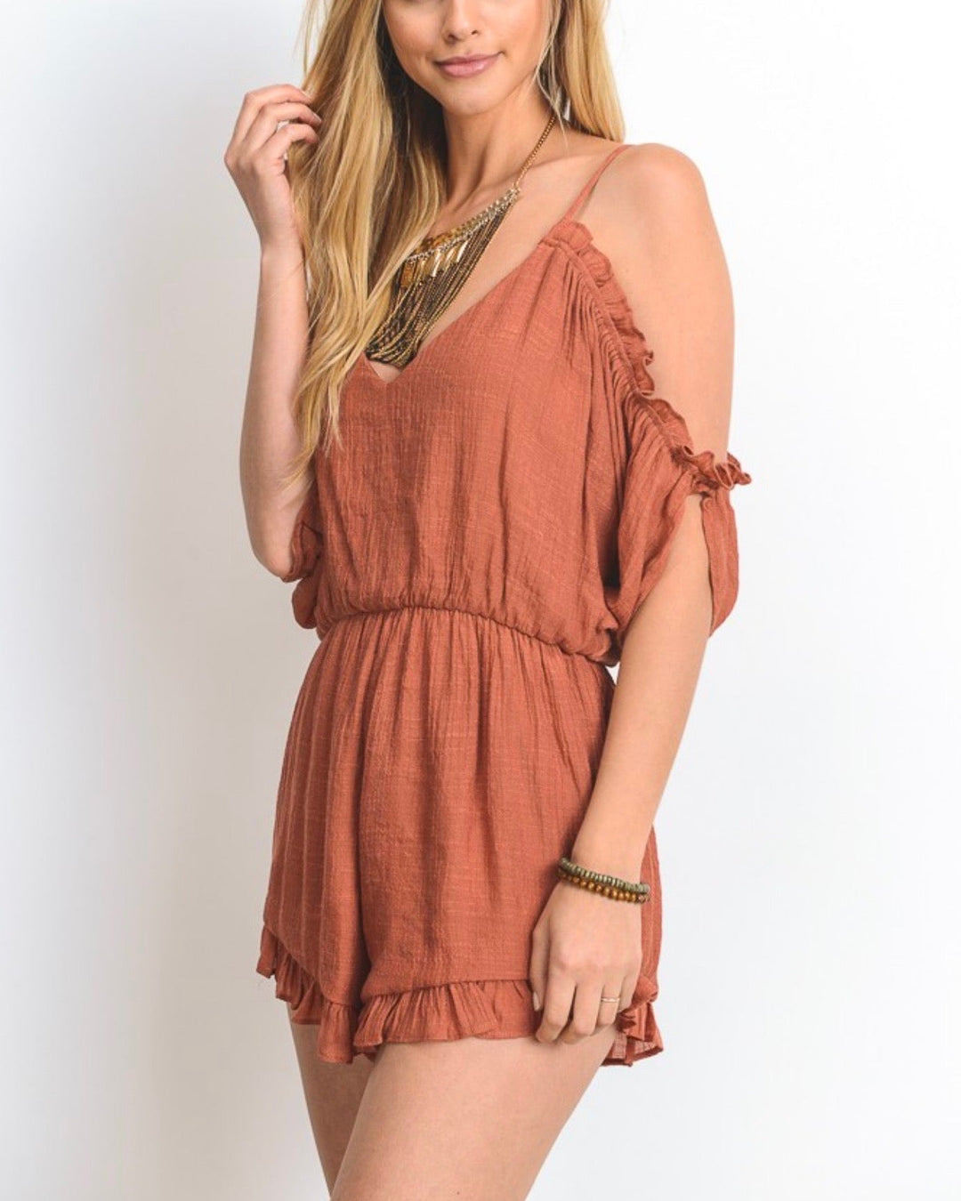 Crinkled Peek-a-Boo Shoulder Romper with Ruffle Hem - More Colors