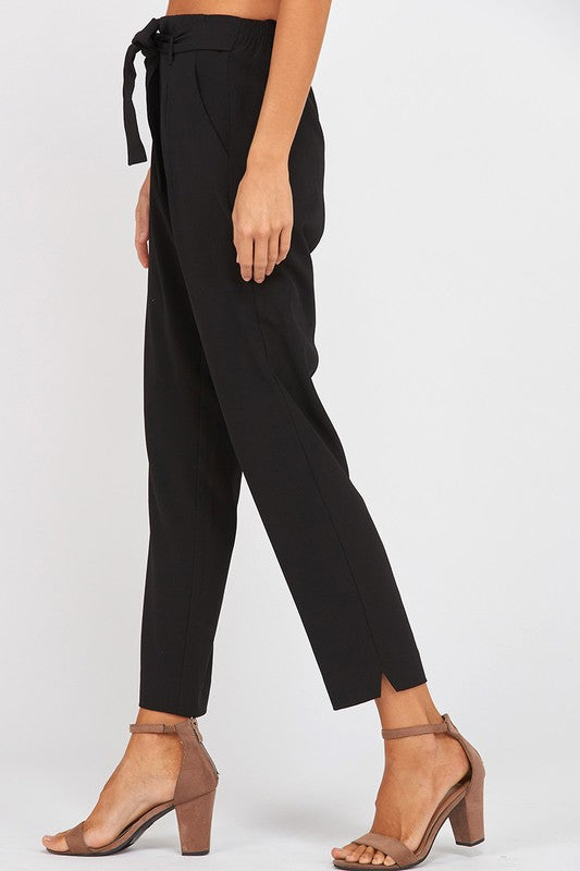 Pleated Belted Bow Crepe Pants with Pockets in Black