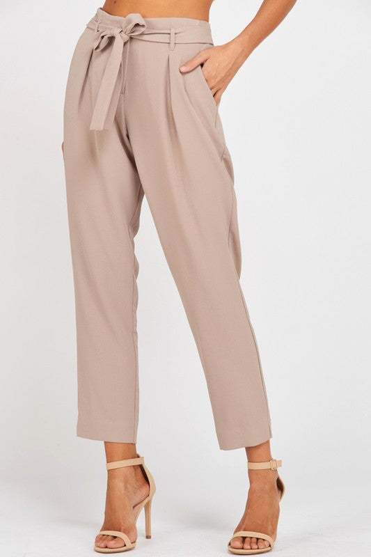 Pleated Belted Bow Crepe Pants with Pockets in Mauve
