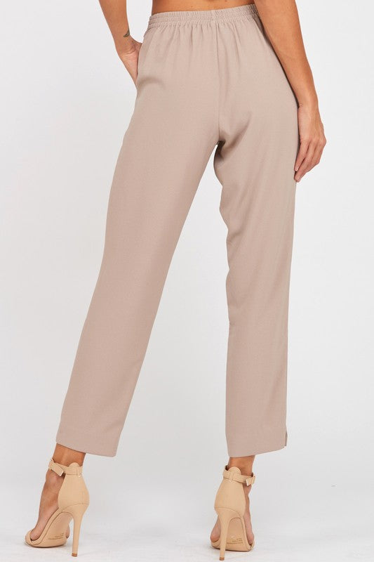Pleated Belted Bow Crepe Pants with Pockets in Mauve