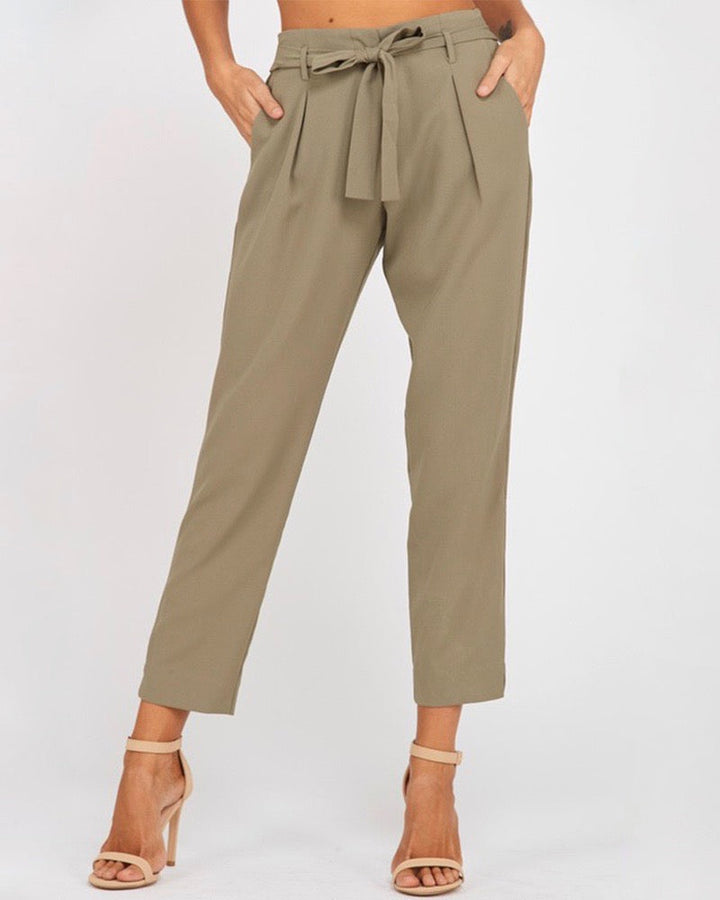 Pleated Belted Bow Crepe Pants with Pockets in Olive