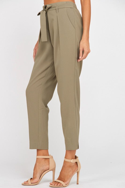 Pleated Belted Bow Crepe Pants with Pockets in Olive