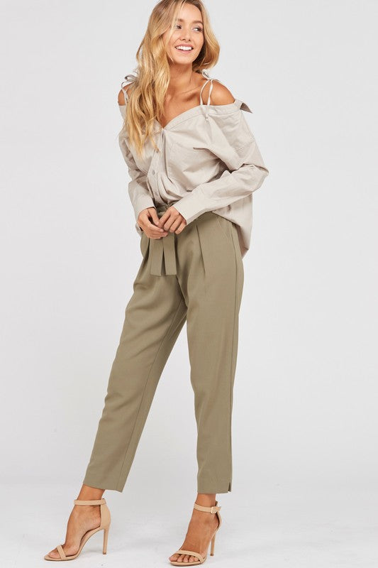Pleated Belted Bow Crepe Pants with Pockets in Olive