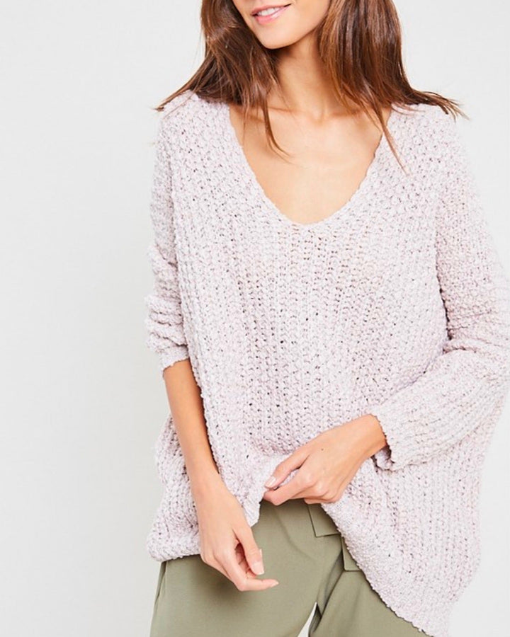 Popcorn Textured V-neck Knit Sweater Pullover in Twig
