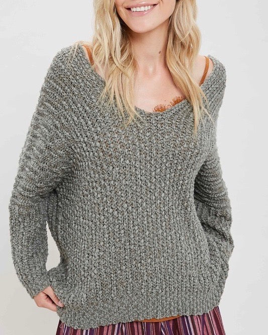 Popcorn Textured V-neck Knit Sweater Pullover in Olive