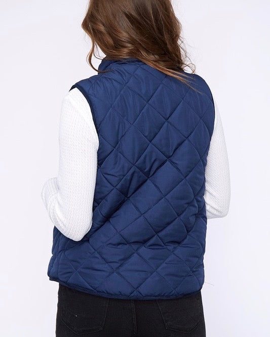 Reversible Sherpa Fleece Lined Quilted Puffer Vest - Navy