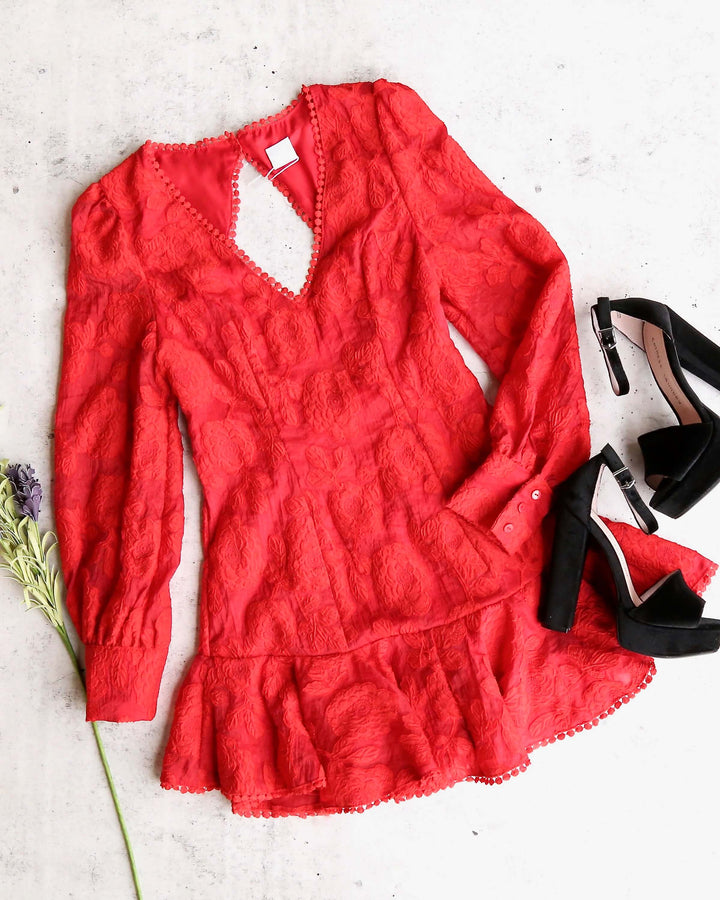 Red Hot Floral Lace Crochet Puff Long Sleeve Backless Mini Dress with Ruffle Hem in Red