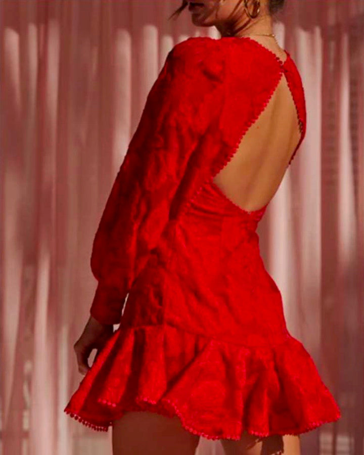 Red Hot Floral Lace Crochet Puff Long Sleeve Backless Mini Dress with Ruffle Hem in Red