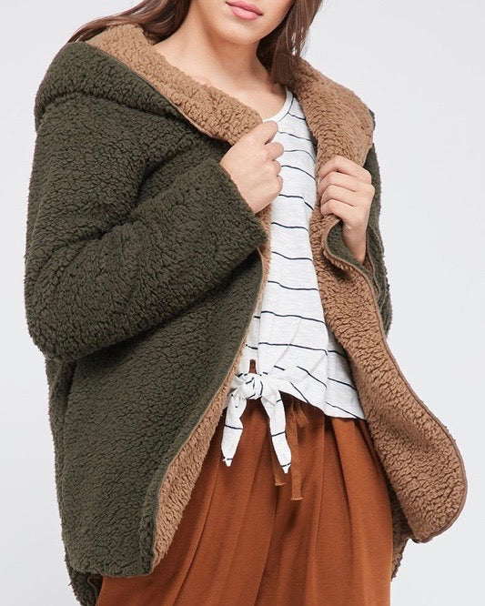 Final Sale - Reversible Open Front Sherpa Hoodie in Olive/Mocha