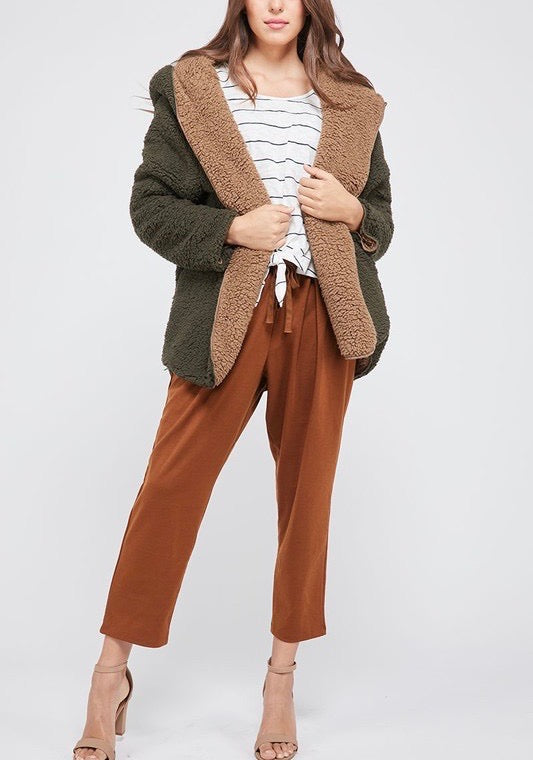 Final Sale - Reversible Open Front Sherpa Hoodie in Olive/Mocha