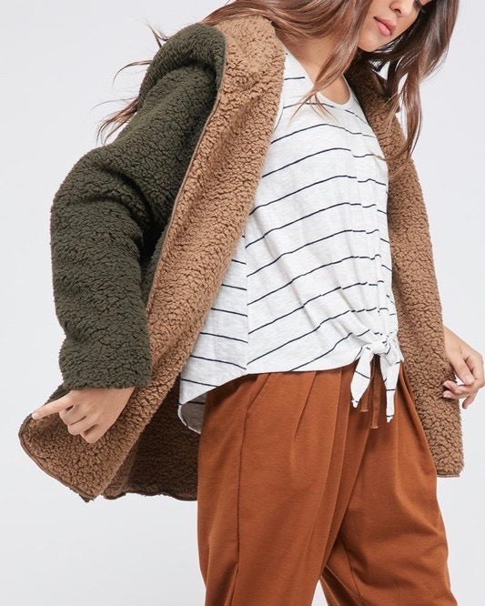 Final Sale - Reversible Open Front Sherpa Hoodie in Olive/Mocha