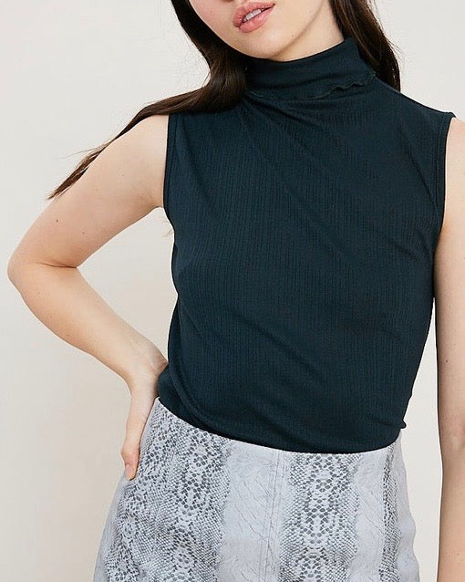 Sleeveless Ribbed Turtleneck Knit Top in Dark Forest Green