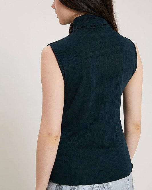 Sleeveless Ribbed Turtleneck Knit Top in Dark Forest Green