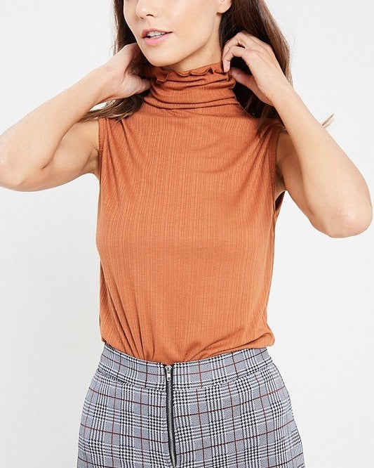 Sleeveless Ribbed Turtleneck Knit Top in Gucci Tan