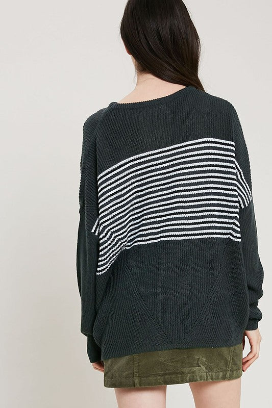 Round Neck Striped Ribbed Knit Sweater in Teal Green