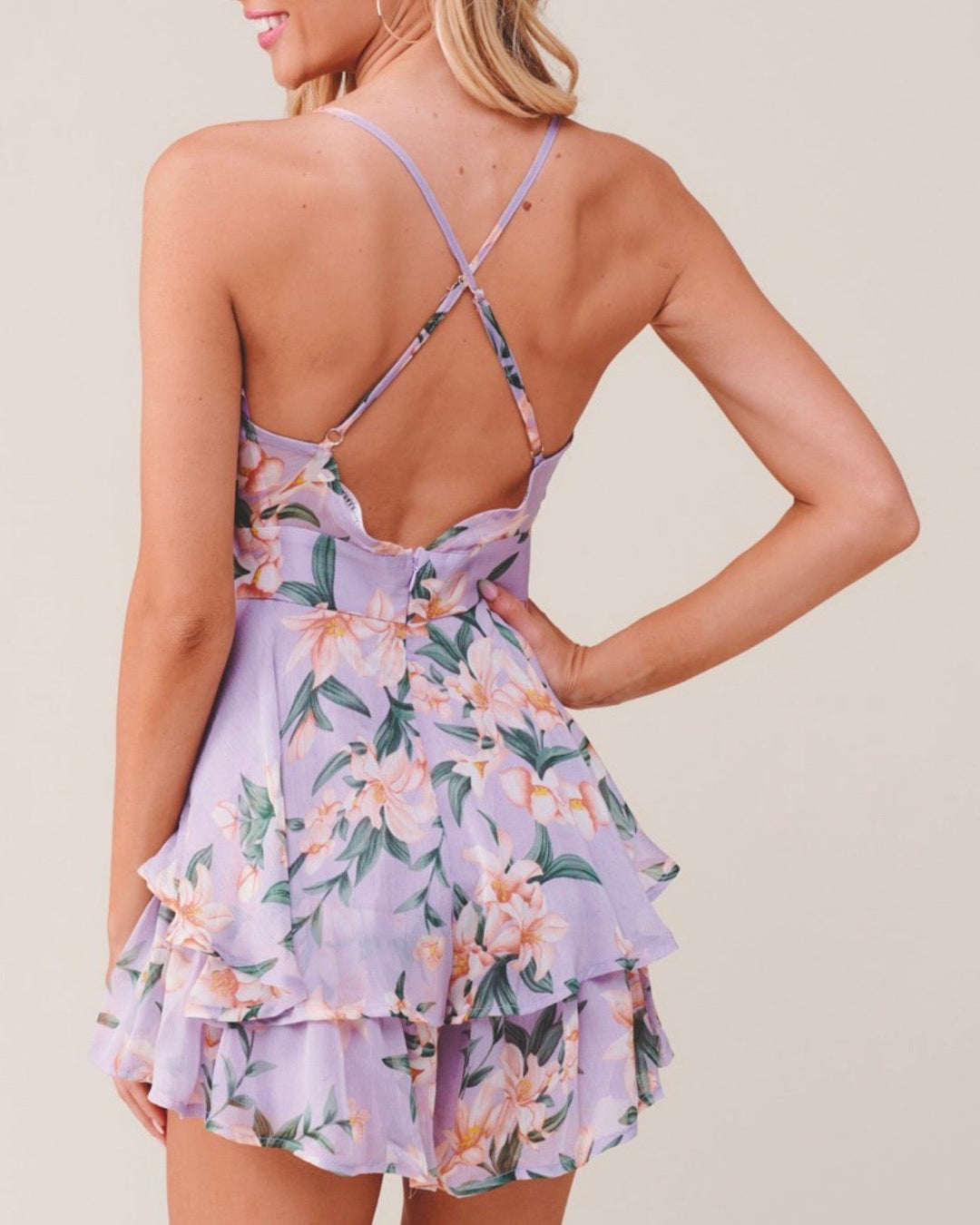 Ruffled Floral Chiffon Romper in Purple Multi