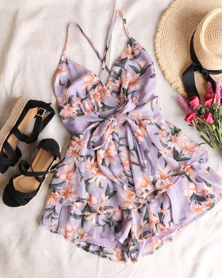 Ruffled Floral Chiffon Romper in Purple Multi
