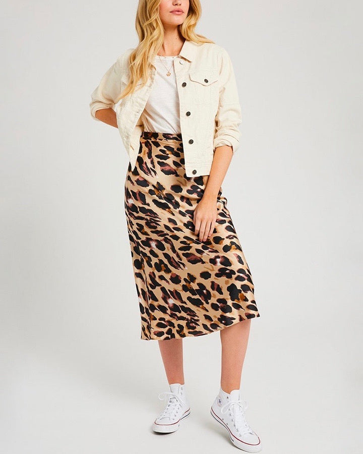 Satin Leopard Midi Skirt - Taupe Combo