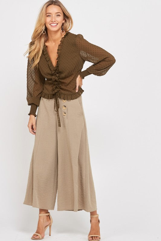 Swiss Dot Sheer Ruffled Front Self Tie Blouse in Olive