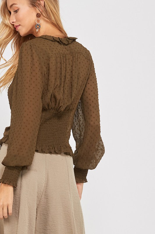 Swiss Dot Sheer Ruffled Front Self Tie Blouse in Olive