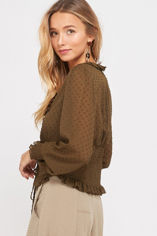 Swiss Dot Sheer Ruffled Front Self Tie Blouse in Olive