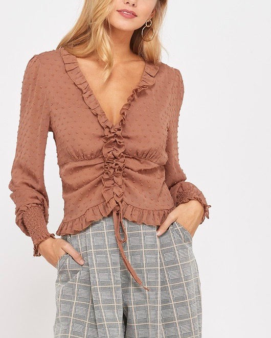 Sheer Ruffled Front Self-Tie Blouse in Rust