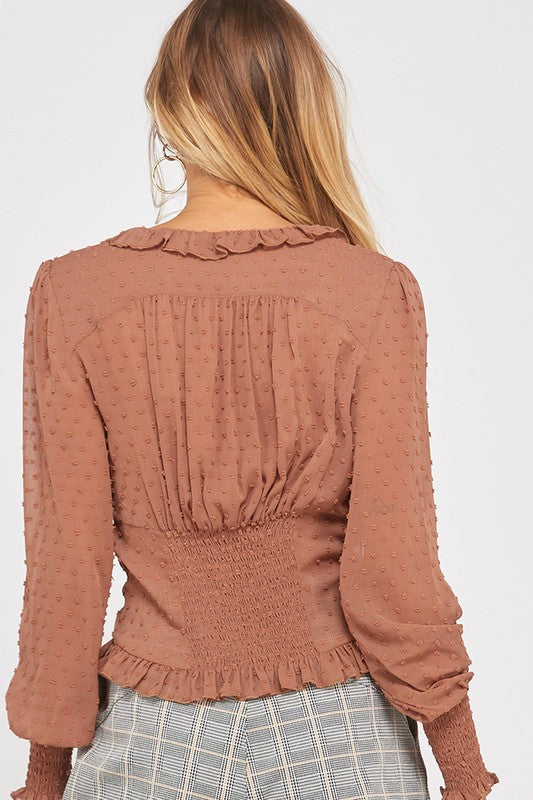 Sheer Ruffled Front Self-Tie Blouse in Rust
