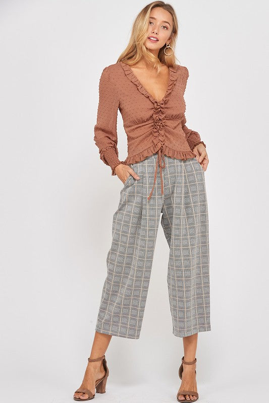 Sheer Ruffled Front Self-Tie Blouse in Rust