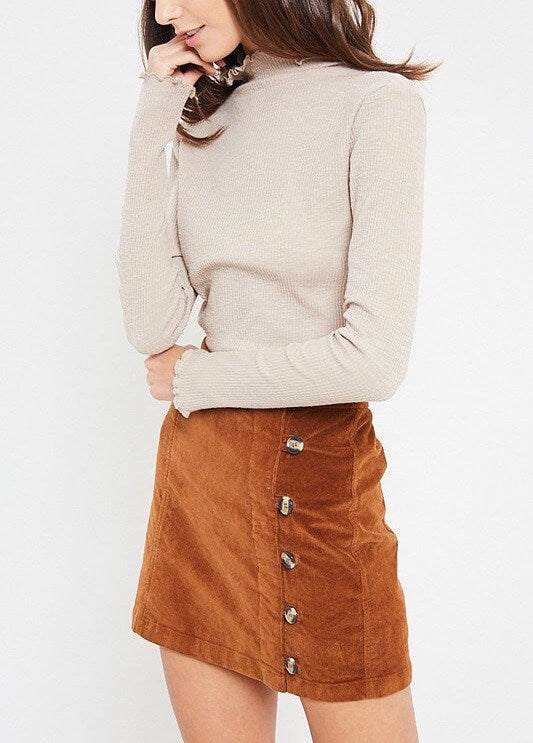 Side Button Up Corduroy Mini Skirt - Camel