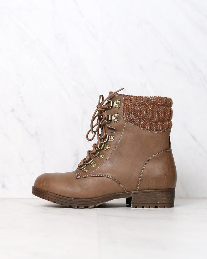 Final Sale - Sierra Falls Sweater Combat Boots in Taupe