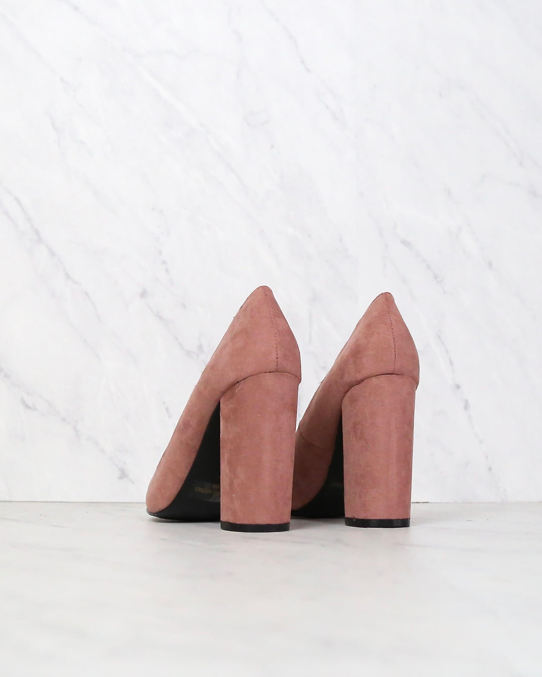 Vegan Suede Chunky Heeled Pointed Toe Pumps in Mauve