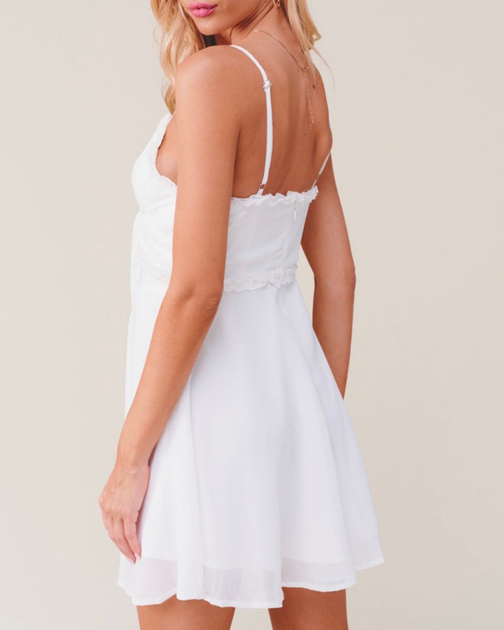 Sleeveless Front Tie Ruffled Trim Baby Doll Dress In More Colors