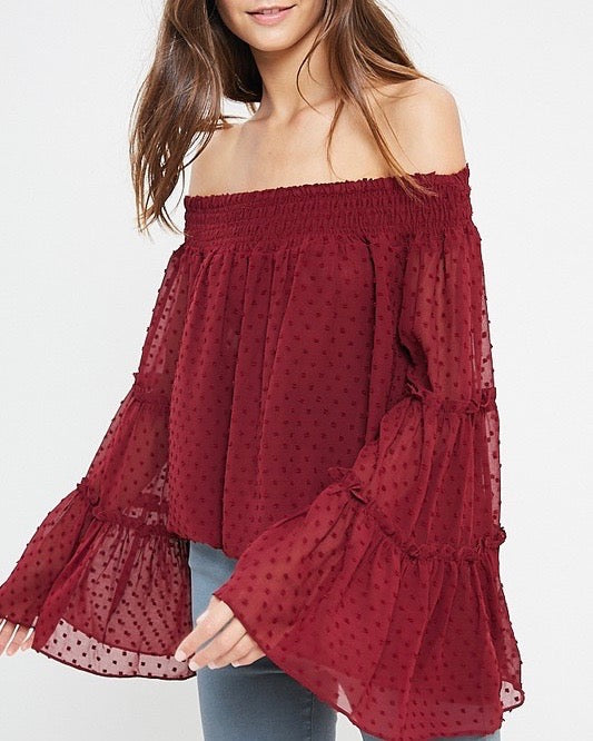 Smocked Sheer Off The Shoulder Bell Sleeved Swiss Dot Top - More Colors