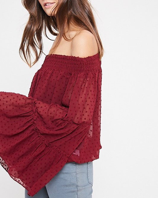 Smocked Sheer Off The Shoulder Bell Sleeved Swiss Dot Top - More Colors